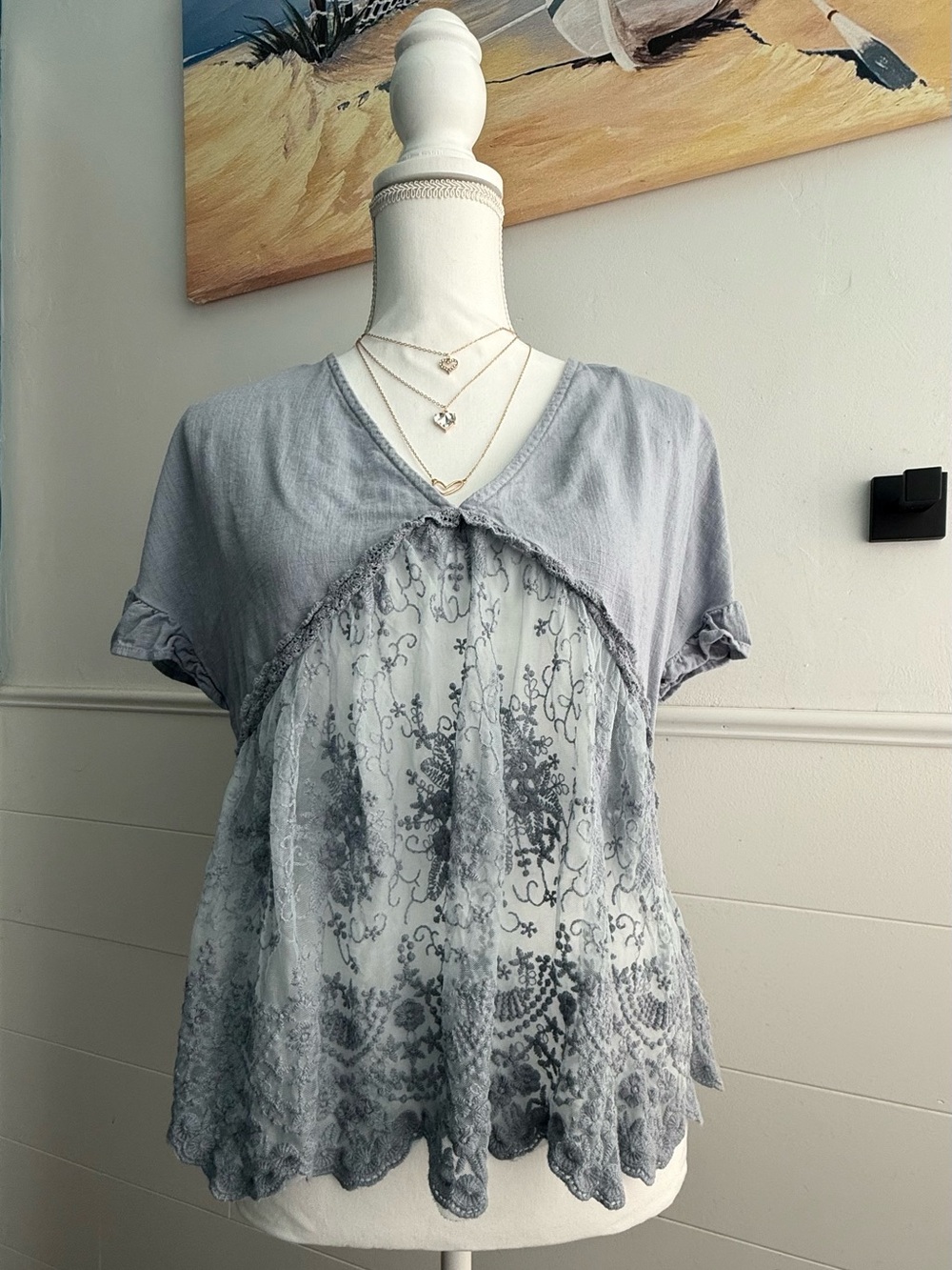 Umgee L Blue Gray Embroidered Lace Babydoll Boho Top